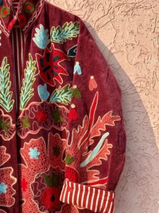 Red Velvet Embroidered <b>Coat</b> Full Sleeve O-Neck Autumn Eco-Friendly Breathable Women's Long Fleece Jacket One Size - Product Image 6