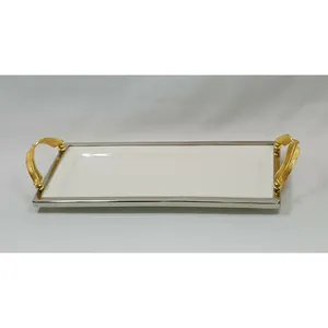 Silver <b>Round</b> Aluminium Tray with 2 Candle Holders Gold Leaf Design Modern Decorative Set for Christmas <b>Table</b> Styling - Product Image 2