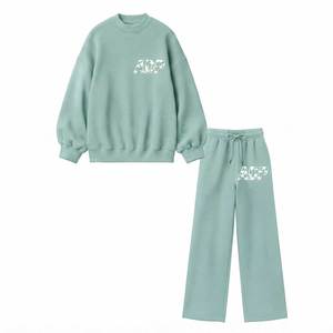 Ensemble 2 pièces rose uni pour femme, col rond, manches longues, coupe régulière, décontracté, en molleton tricoté, avec cordon de serrage, brodé, coupe évasée, ODM - Product Image 4