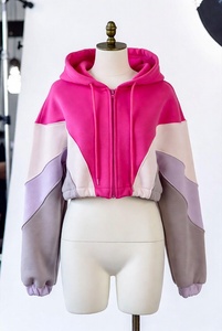 Women Color Blocked Hoodie <b>Crop</b> Top Full Sleeve Asymmetric Zipper <b>Up</b> Hooded Sweatshirt Autumn Knitted Style - Product Image 3