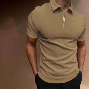 Camiseta de punto sólido para hombre con cremallera de un cuarto, transpirable, cómoda, de elastano/algodón, informal, de manga corta, tallas grandes - Product Image 4