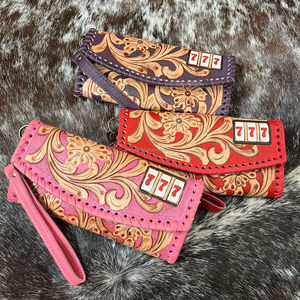 OEM ODM Hand Tooled Leather Clutch for Women's Floral & 777 Design Cowhide Fur Leather Card Holder Luxury Wristlet Wallet <b>Purses</b> - Product Image 5
