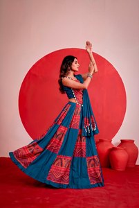 Traditional Indian Pure Rayon <b>Lehenga</b> Set Digital Print <b>Red</b> Blue Design Floor-Length Loose Fit Quick Dry Women's Wedding Wear - Product Image 3