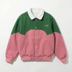 Green <b>Pink</b> Color Block Varsity <b>Jacket</b> | Sherpa Collar Oversized Streetwear | Embroidered Letter <b>Jacket</b> | Custom OEM Manufacturer - Product Image 1