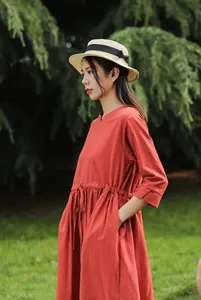 Women Casual Cotton Maxi <b>Dress</b> <b>Long</b> Sleeve Loose Fit Red Color <b>Boho</b> Style Flowy <b>Long</b> <b>Dress</b> - Product Image 2