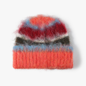 Custom <b>Fluffy</b> Mohair Beanie Soft Gradient Striped <b>Cuff</b> Hat Fashionable Warm Manufacturers Caps for Beach UsePink Blue Striped - Product Image 4