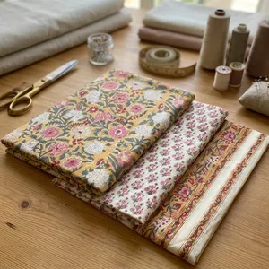 Premium Floral Printed Cotton Fabric <b>Set</b> with Mustard Pink Cream Designs for Dresses Quilting Crafts and Home Decor Projects - Product Image 4