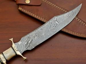 Cuchillo Bowie de Acero de Damasco Forjado a Mano con Mango de Hueso, Cuchillo de Caza con Funda de Cuero, Cuchillo de Damasco Hecho a Mano Personalizado, Regalo - Product Image 2