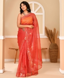 Sari d'automne réversible en coton mélangé imprimé Kota Doria pour femme KV, infroissable, avec chemisier non cousu (Orange) - Product Image 3