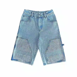 Custom Logo Vintage Washed Denim <b>Shorts</b> for <b>Men</b> Hot Mid-Waist Acid Wash Rhinestone <b>Patches</b> and Rivets Made of Cotton - Product Image 3