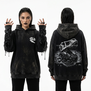 Sudadera con capucha gris oscuro efecto mineral con estampado metálico de esqueleto, detalle tribal en el brazo y estrella plateada para mujer - Product Image 3