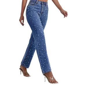 Jeans Ajustados de Alta Elasticidad para Mujer, Lavado Oscuro, con Cuentas de Perlas Laterales, Dobladillo Desgastado a la Moda, Jeans de Primera Calidad para Mujer - Product Image 1