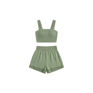 Wholesale Green Women's Mini Tank <b>Top</b> with Square Neckline And Bottom Two-Piece Set Casual Breathable Spring/Summer Wear Set - Product Image 1