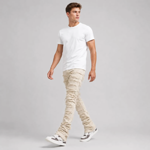 Jean Harem Homme Effet Usé Coupe Ample Taille Mi-Haute Couleur Unie Coton Déchiré Décontracté - Product Image 2