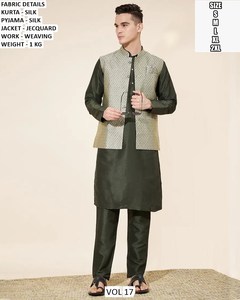 Bandhani Royal Blue <b>Silk</b> Men's Traditional <b>Kurta</b> Pajama with Designer Jacquard Nehru Jacket - Product Image 2