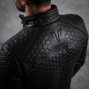 Chaqueta de Cuero Acolchada con Revestimiento Negro para Hombre, Marca Vanek International, Modelo 2026, Cuello Alto, Cierre de Cremallera, Corte Ajustado, para Invierno - Product Image 3