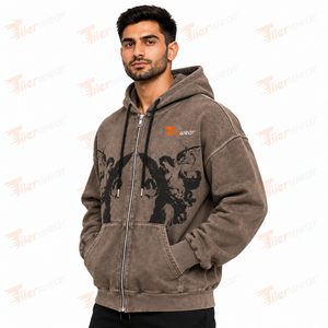 Vintage Acid Wash Zip-Up Hoodie Men 370gsm 100% Cotton Fleece Winter Eco-Friendly Casual Custom OEM Private Label Factory - Product Image 2