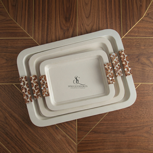 Luxury Metal 3 <b>Pc</b> White Tray <b>Set</b> With Wood & Mother Of Pearl Inlay Handle. Decorative Serving Platter For Hotel, Home & Catering - Product Image 1