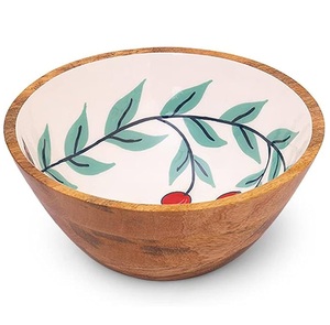 Tazón de Madera de Mango para Servir Alimentos, Forma Redonda, para Mesa de Comedor, Tazones Decorativos para Servir Ensaladas y Sopas con Estampado Esmaltado - Product Image 5