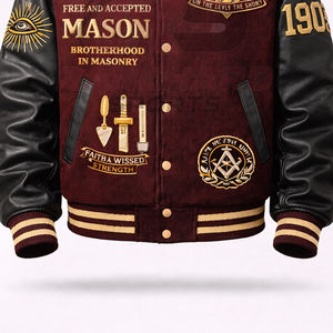Veste universitaire personnalisée d'inspiration maçonnique – Corps en laine de qualité supérieure avec manches en cuir PU et symboles brodés - Product Image 3