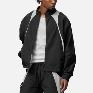 Men's Black Windproof <b>Racer</b> <b>Jacket</b> With Gray Color Blocking Zipper Closure Stand Collar Sporty Style Autumn Wear - Product Image 4