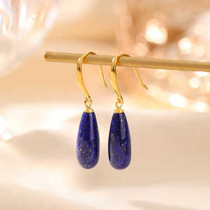 Boucles d'oreilles pendantes en argent pur plaqué or avec lapis-lazuli naturel en forme de goutte d'eau géométrique exquise – Cadeau - Product Image 1