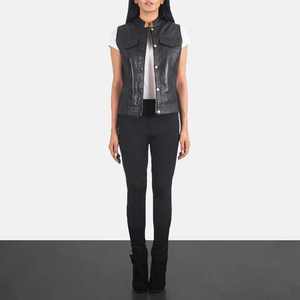 Chaleco de cuero negro para mujer, casual, sin mangas, con cuello alto y cremallera, top de otoño, superventas, a la moda, estilo motero, abrigo exterior. - Product Image 5