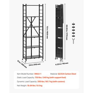 Scaffale Pieghevole a 6 Ripiani per Garage 24L X 12P X 72H Pollici, Scaffalatura Metallica con Ruote - Product Image 6