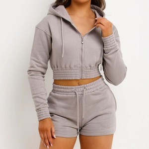 Latest Wholesale High Quality Custom Made Womens Premium Cotton Breathable Summer Crop Hoodie Shorts <b>Set</b> Zip-Up Casual - Product Image 6