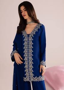 Ensemble Kurta en soie bleu marine brodé pour femme avec pantalon Palazzo, tenue traditionnelle indienne et pakistanaise pour les fêtes, coupe ample longue jusqu'au sol - Product Image 2
