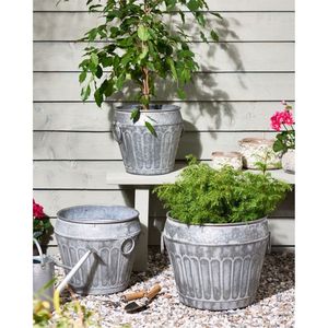 Galvanized Metal Oval <b>Planter</b> Set Rustic Ribbed Iron Flower Pot with Wood Handle Vintage Farmhouse Garden Zinc Bucket Decor Pot - Product Image 5
