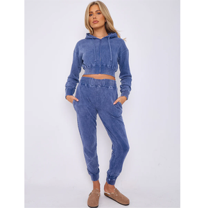 Ensemble de jogging délavé à l'acide de qualité supérieure pour femme, survêtement personnalisé avec broderie de patchs, sweat à capuche court zippé, collection hiver - Product Image 2