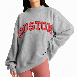 Custom Dark Navy Women Drop Shoulder Oversized Mock Neck Fleece Sweatshirt Soft Loose Fit Pullover Wholesale USA <b>UK</b> Europe EU - Product Image 4