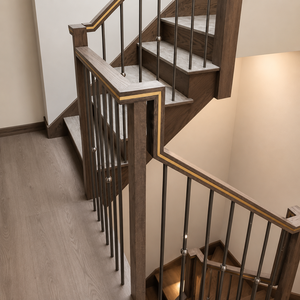 Modern Wood Stair <b>Railing</b> With Metal Balusters Gold Trim Handrail For Indoor Villa Staircase Design - Product Image 3
