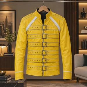 แจ็คเก็ตหนังสีเหลืองสดใสแบบยูนิเซ็กซ์ พร้อมสายรัดหลายเส้นและปกคอตั้ง - Product Image 1