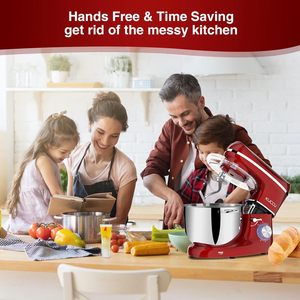 Batteur sur socle, 6,5 Qt, 660W, 6 vitesses, tête inclinable, batteur électrique de cuisine avec bol en acier inoxydable, crochet pétrisseur, fouet à blancs d'œufs - Rouge - Product Image 2