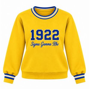 เสื้อสเวตเตอร์คอกลมผู้หญิงสีเหลือง ยี่ห้อซิกมาแกมมาโร ปี 1922 ปักตัวอักษรกรีกสีน้ำเงิน คอเสื้อและปลายแขนเสื้อลายทางสีขาว แบบถัก - Product Image 1