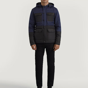 Blouson matelassé homme bleu marine et noir à blocs de couleur, coupe-vent, épais et isolé, style décontracté, col montant, bouton unique - Product Image 1