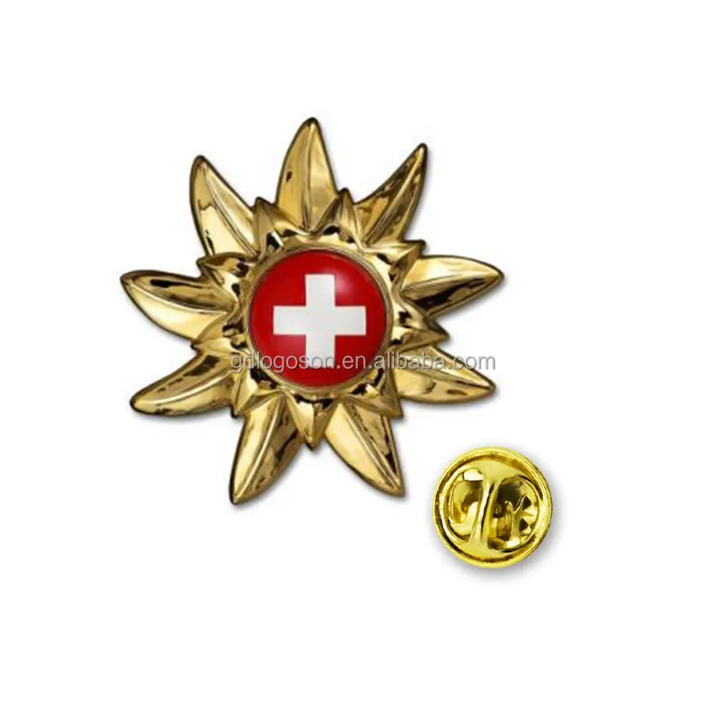 شارة الزهور الذهبية السويسرية الفريدة من Aline مخصصة شخصية على شكل Edelwiss شارة الحبر التذكارية السويسرية
