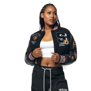 Veste universitaire noire en PU avec patchs brodés, col rabattu, simple boutonnage, style décontracté - Product Image 1