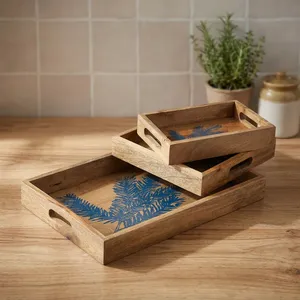 Blue Leaf Printed Wooden Serving <b>Tray</b> Set of 3 Handmade Wood Platter with Handles Tea <b>Breakfast</b> <b>Tray</b> for Kitchen Dining Table - Product Image 6