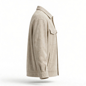 <b>Men's</b> Beige <b>Suede</b> Shirt <b>Jacket</b> Turn-down Collar Workwear Style Regular Fit Autumn Solid Color Button Closure - Product Image 3