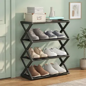 Étagère à chaussures autoportante à 4 niveaux, organisateur de rangement pour chaussures d'entrée avec tubes en acier et structure en X, étagère à chaussures pour couloir - Product Image 6