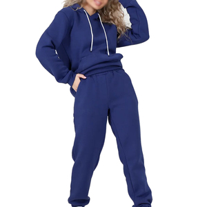 <b>Women</b> <b>Navy</b> <b>Blue</b> Hooded Tracksuit Set Full Sleeve Solid Color Casual Autumn Wear Breathable 100% Cotton <b>Jogger</b> Pants - Product Image 3