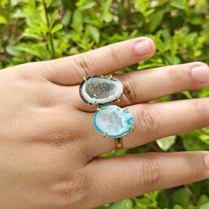 Wholesale Jewelry Blue & Grey Druzy Agate <b>Adjustable</b> <b>Rings</b> 18k Gold Plated Brass Minimalist Statement Jewelry Gift For Birthday - Product Image 3