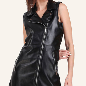2026 Latest Fashion Custom Woman's Knee-Length Casual Dress Genuine Sheepskin Leather Sleeve Less Diamond Dress - Product Image 2