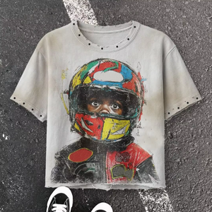 เสื้อยืดผู้ชายสไตล์วินเทจแบบสั่งทำพิเศษ ผ้าคอตตอนหนานุ่ม ทรงโอเวอร์ไซส์ ประดับด้วยคริสตัลและลายสกรีน แขนสั้น - Product Image 6