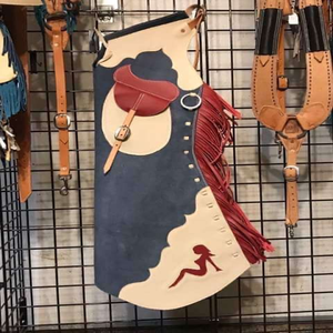 Chaps de Cuero Genuino Personalizados de Dos Tonos, de Cintura Alta y Largo Completo, Unisex, con Patrón Sólido, Tela Tejida, Flecos y Logotipo Personalizado para Montar a Caballo - Product Image 2