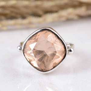 Handmade 925 Sterling Silver Rose <b>Quartz</b> <b>Ring</b> Natural Cushion Gemstone Beaded Statement Band Artisan Handcrafted Adjustable Boho - Product Image 1