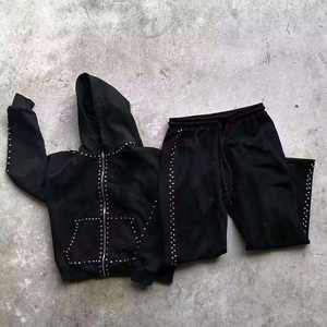 Conjunto de Sudadera con Capucha y Pantalones Jogger para Hombre con Estampado de Diamantes de Imitación, Efecto Desgastado por el Sol y Lavado Ácido, Chándal de Dos Piezas con Efecto Desgastado - Product Image 3